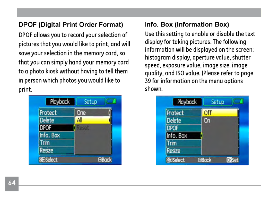 GE E1035, E840S, E1235 user manual Dpof Digital Print Order Format, Info. Box Information Box 