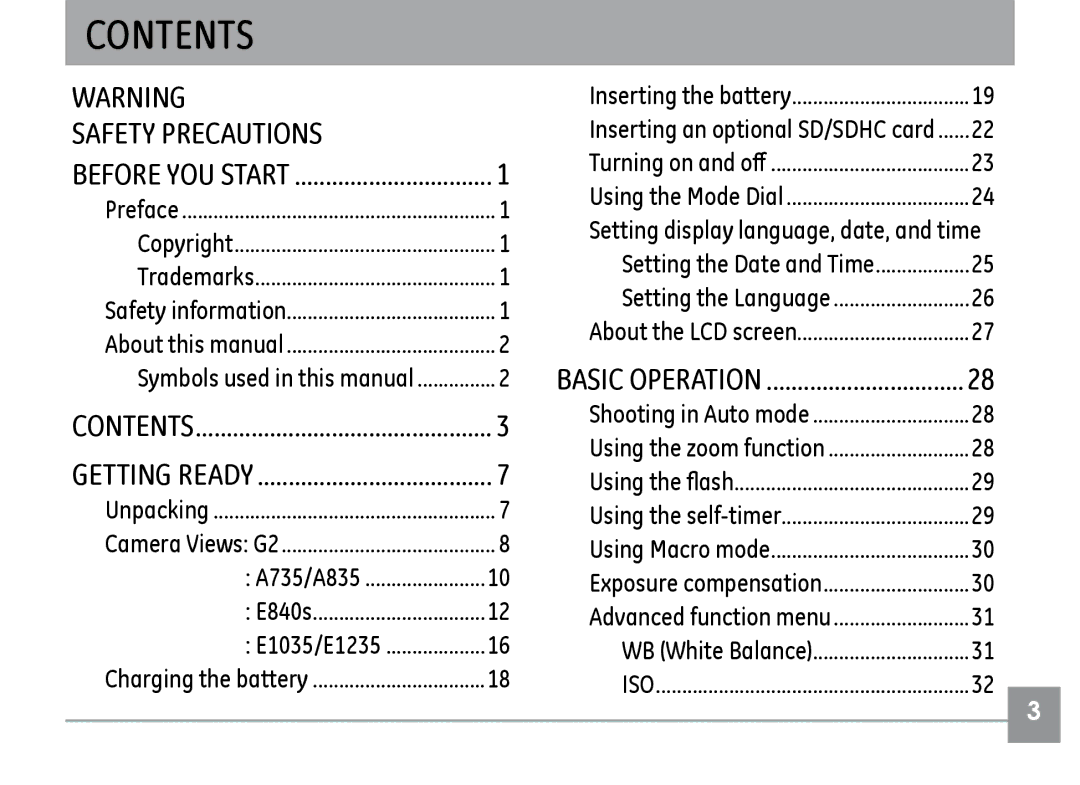 GE E1235, E840S, E1035 user manual Contents 