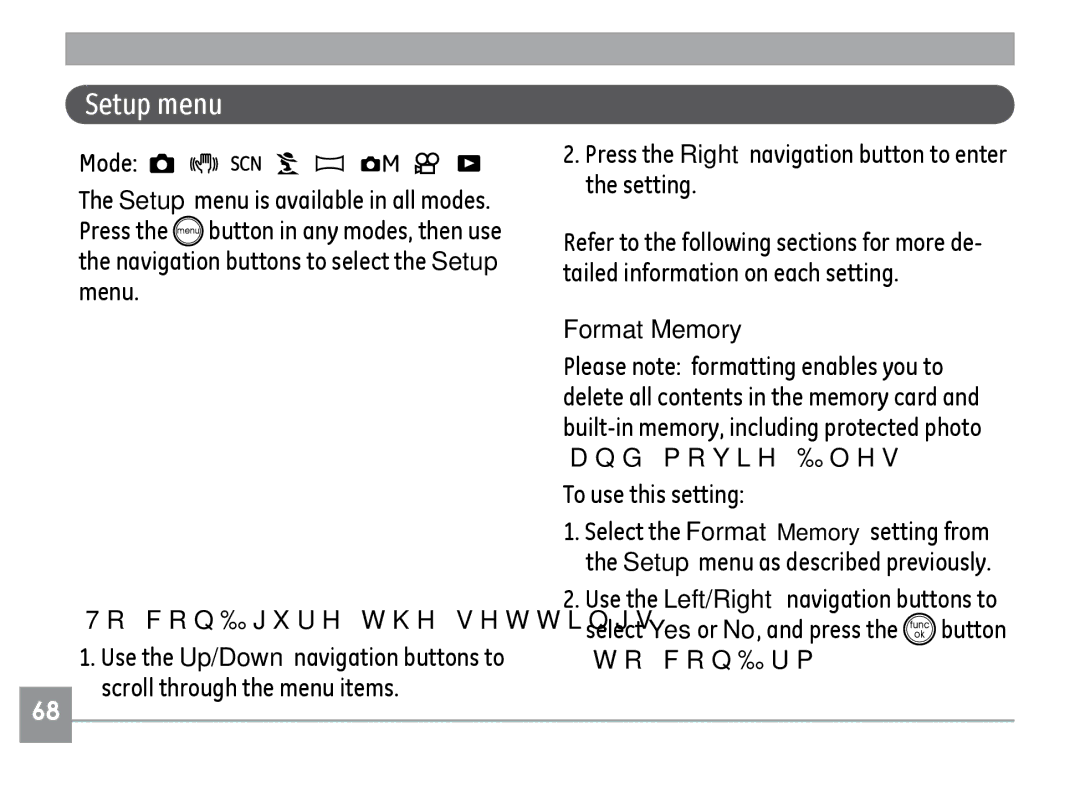 GE E840S, E1235, E1035 user manual Setup menu, Press the Right navigation button to enter the setting, Format Memory 