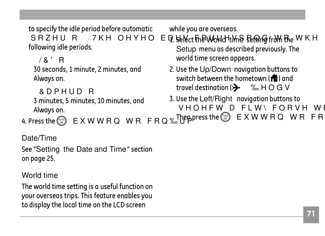 GE E840S, E1235, E1035 user manual Date/Time, See Setting the Date and Time section on, World time, While you are overseas 