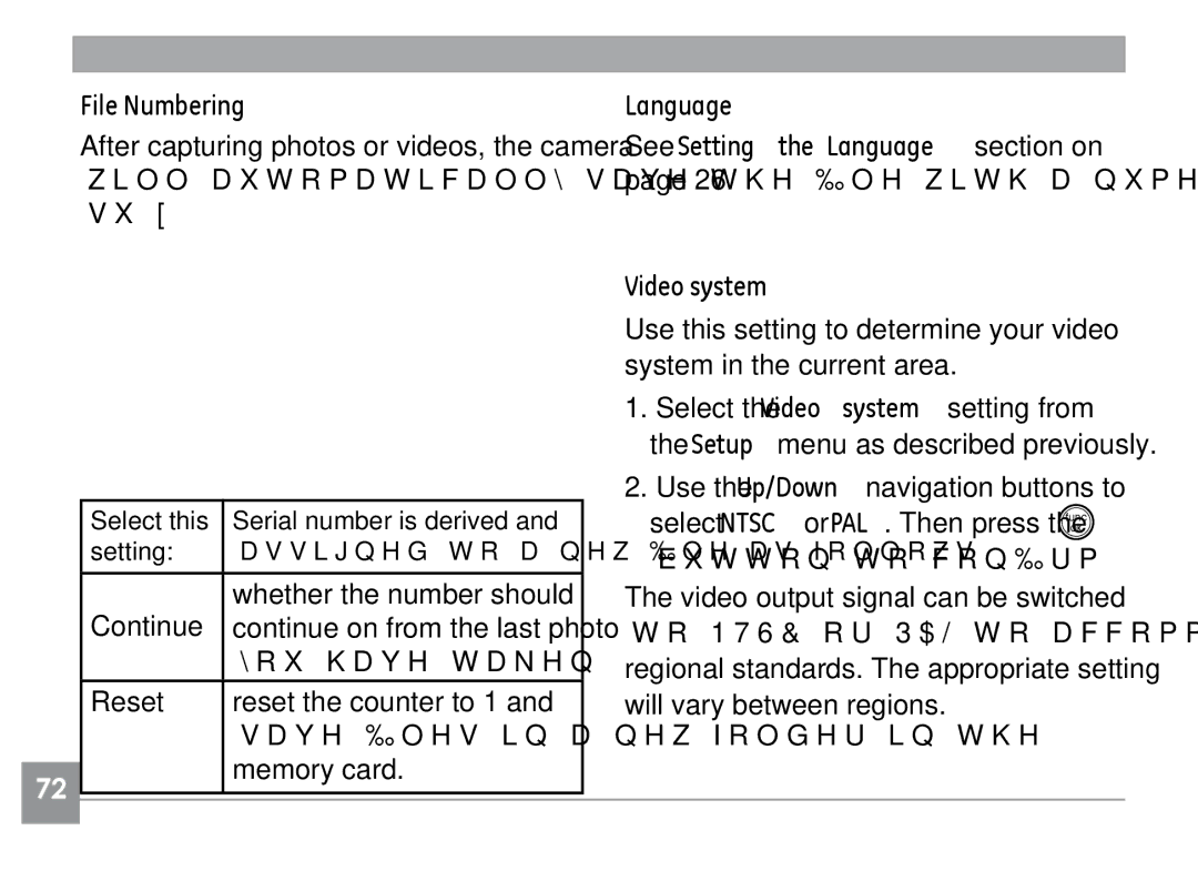 GE E1235, E840S, E1035 user manual File Numbering, Language, Video system 