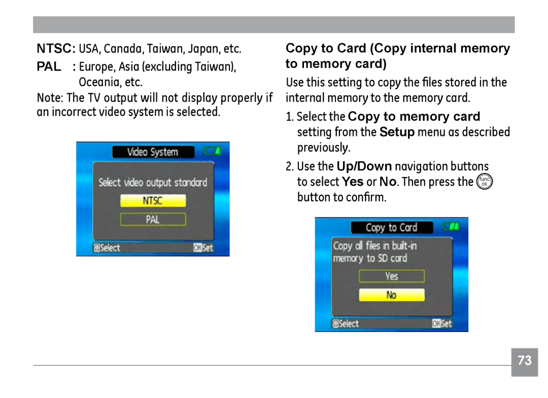 GE E1035, E840S, E1235 user manual Copy to Card Copy internal memory to memory card 