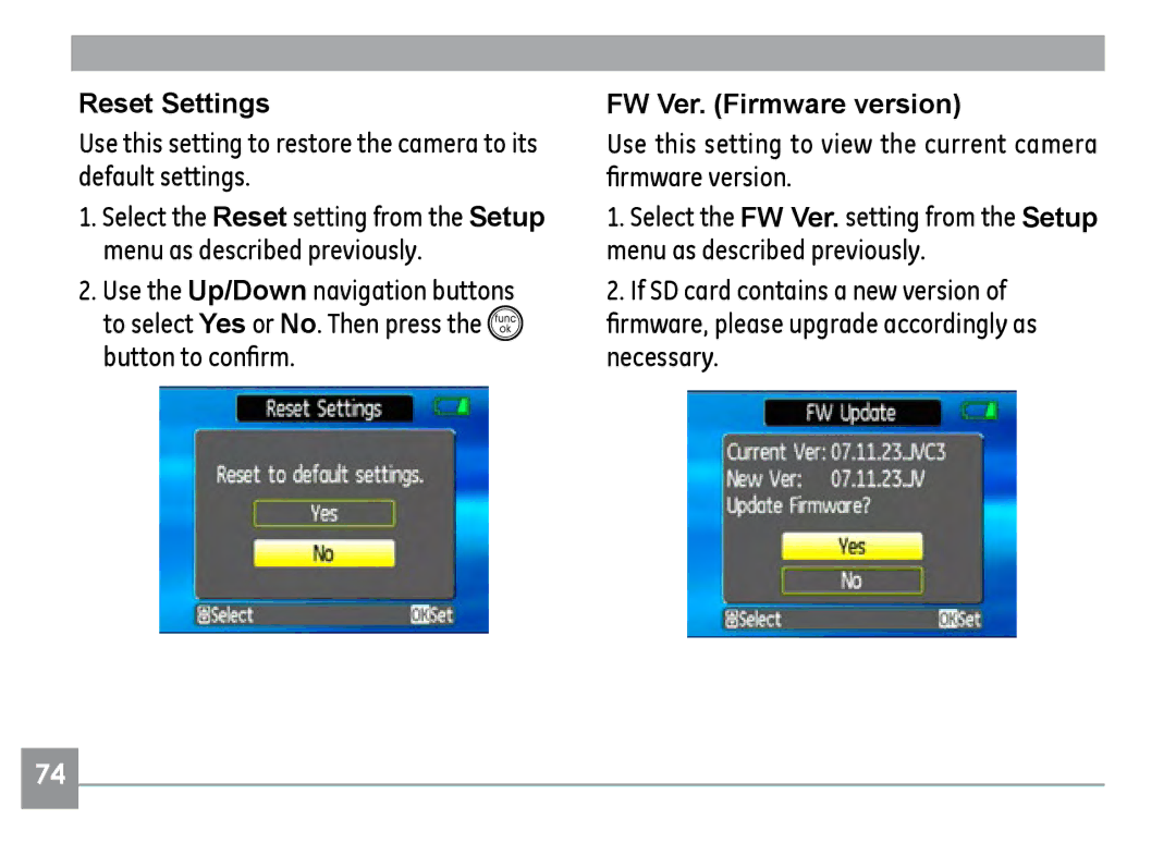 GE E840S, E1235, E1035 user manual Reset Settings, FW Ver. Firmware version 