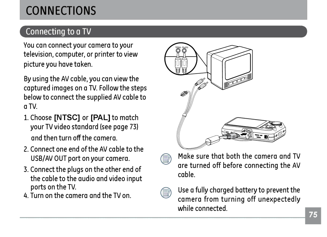 GE E1235, E840S, E1035 user manual Connections, Connecting to a TV 