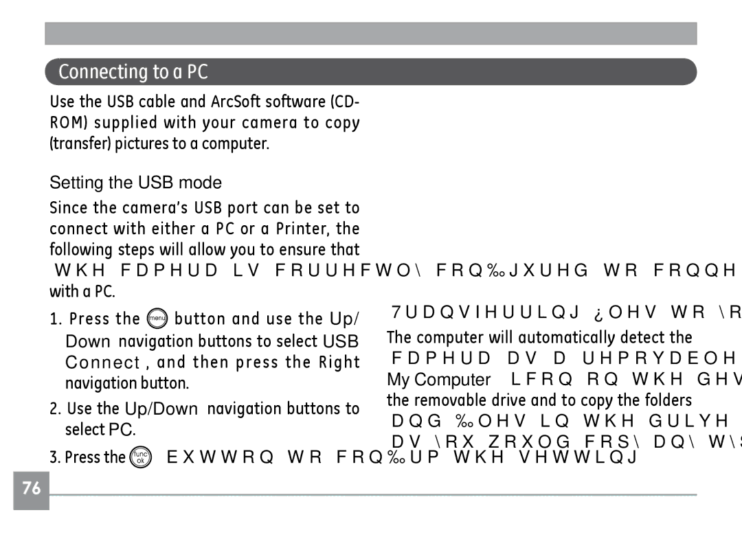 GE E1035, E840S, E1235 user manual Connecting to a PC, Setting the USB mode, Transferring files to your PC 