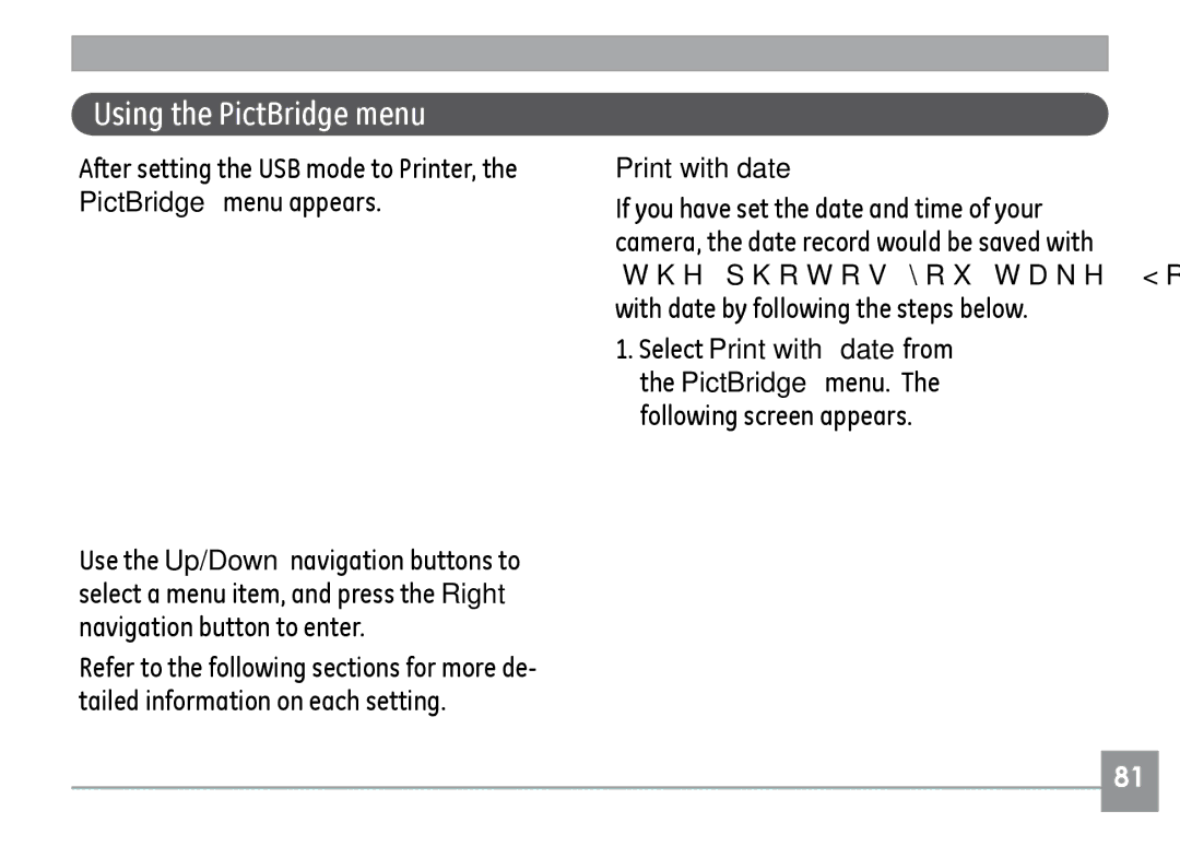 GE E1235, E840S, E1035 user manual Using the PictBridge menu, Print with date 