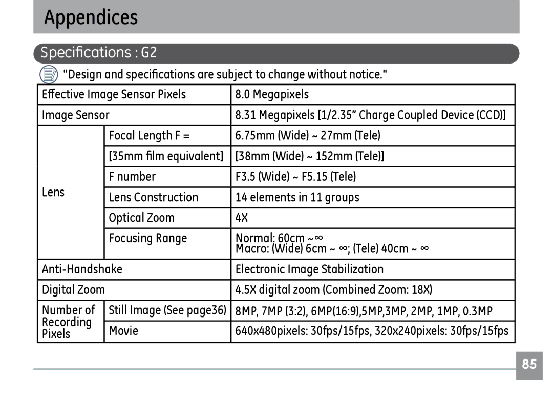 GE E1035, E840S, E1235 user manual Specifications G2 