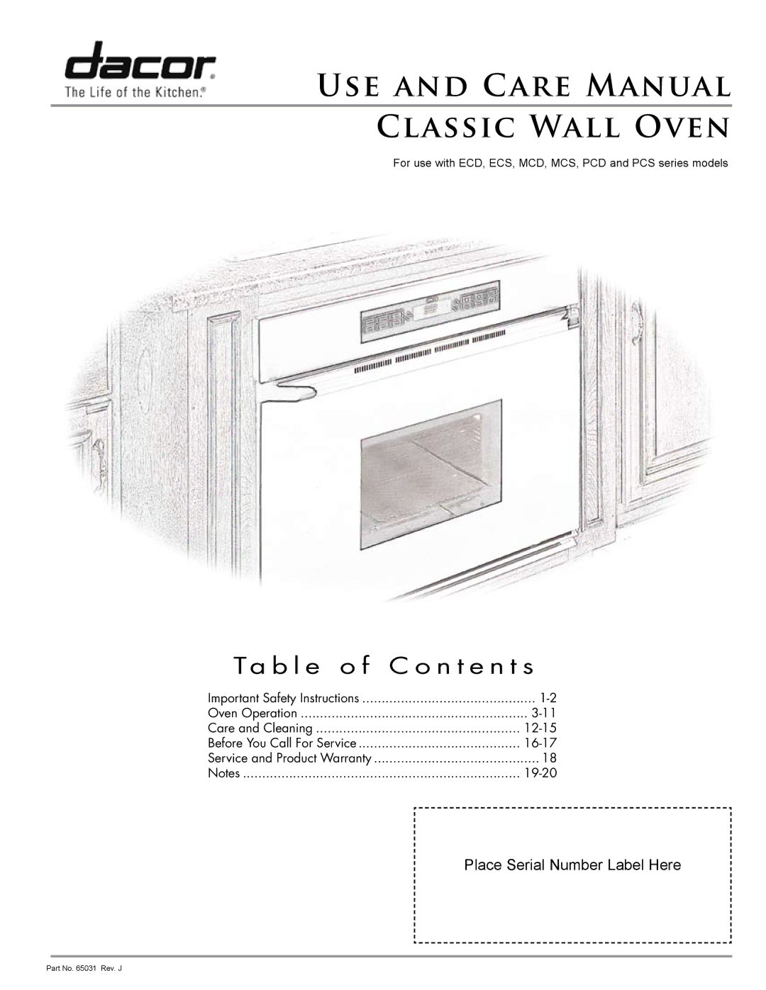 GE PCS, ECS, ECD, MCD, MCS, PCD manual USE and Care Manual Classic Wall Oven, Ta b l e o f C o n t e n t s 