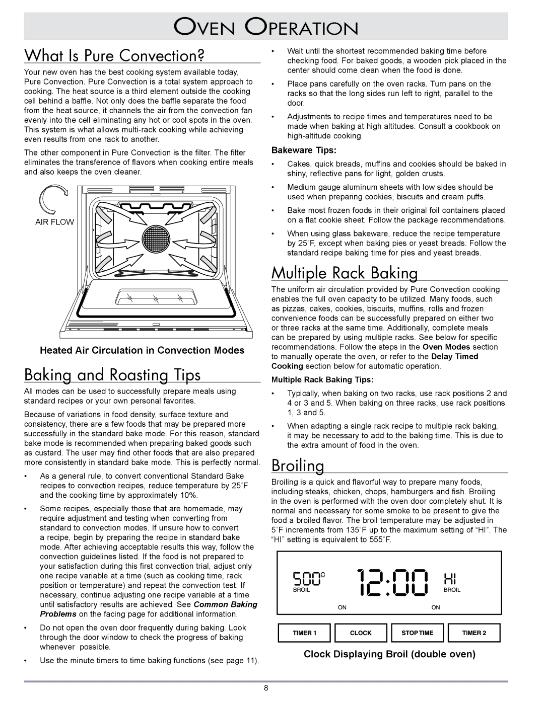 GE MCS Oven Operation What Is Pure Convection?, Baking and Roasting Tips, Multiple Rack Baking, Broiling, Bakeware Tips 