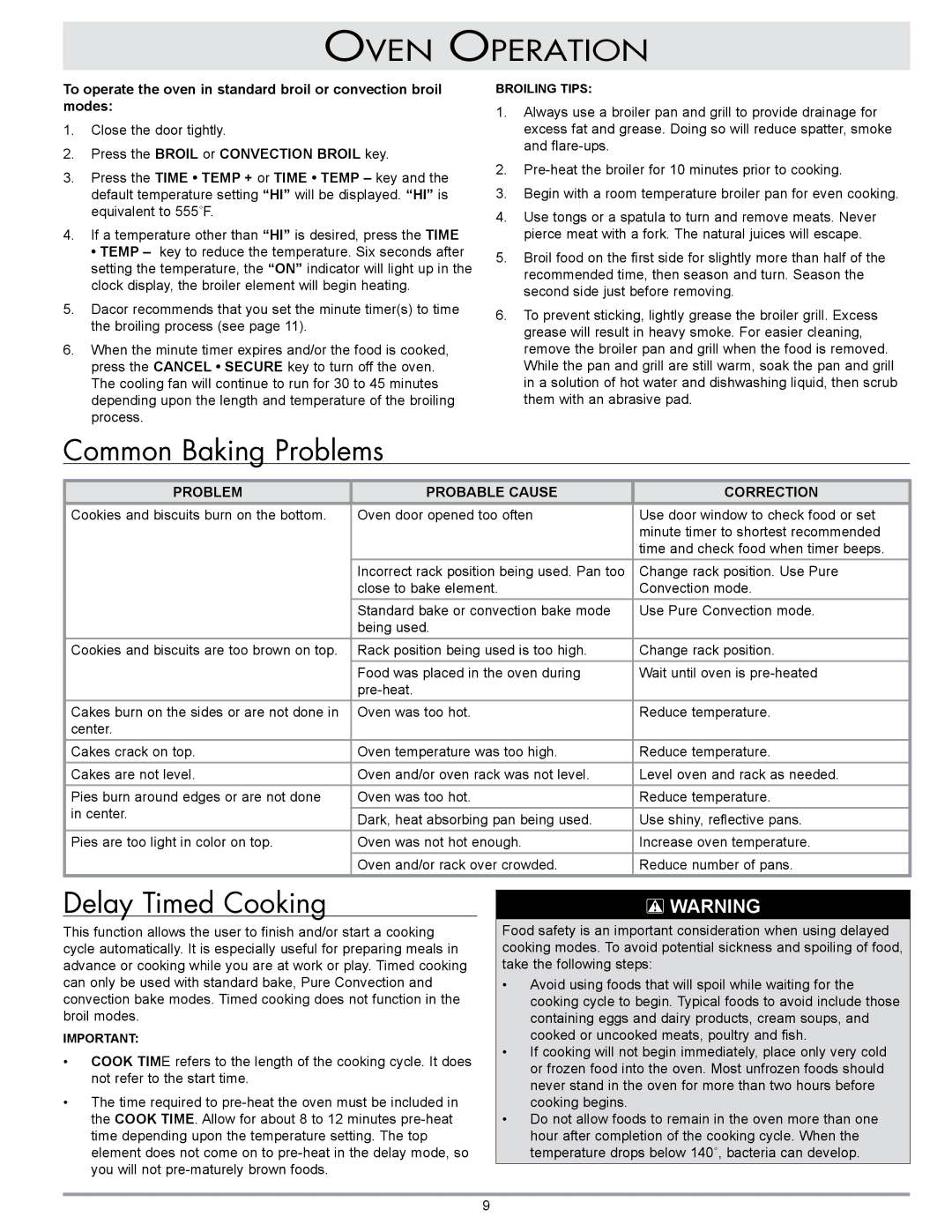 GE PCD, ECS, PCS, ECD, MCD, MCS manual Common Baking Problems, Delay Timed Cooking 