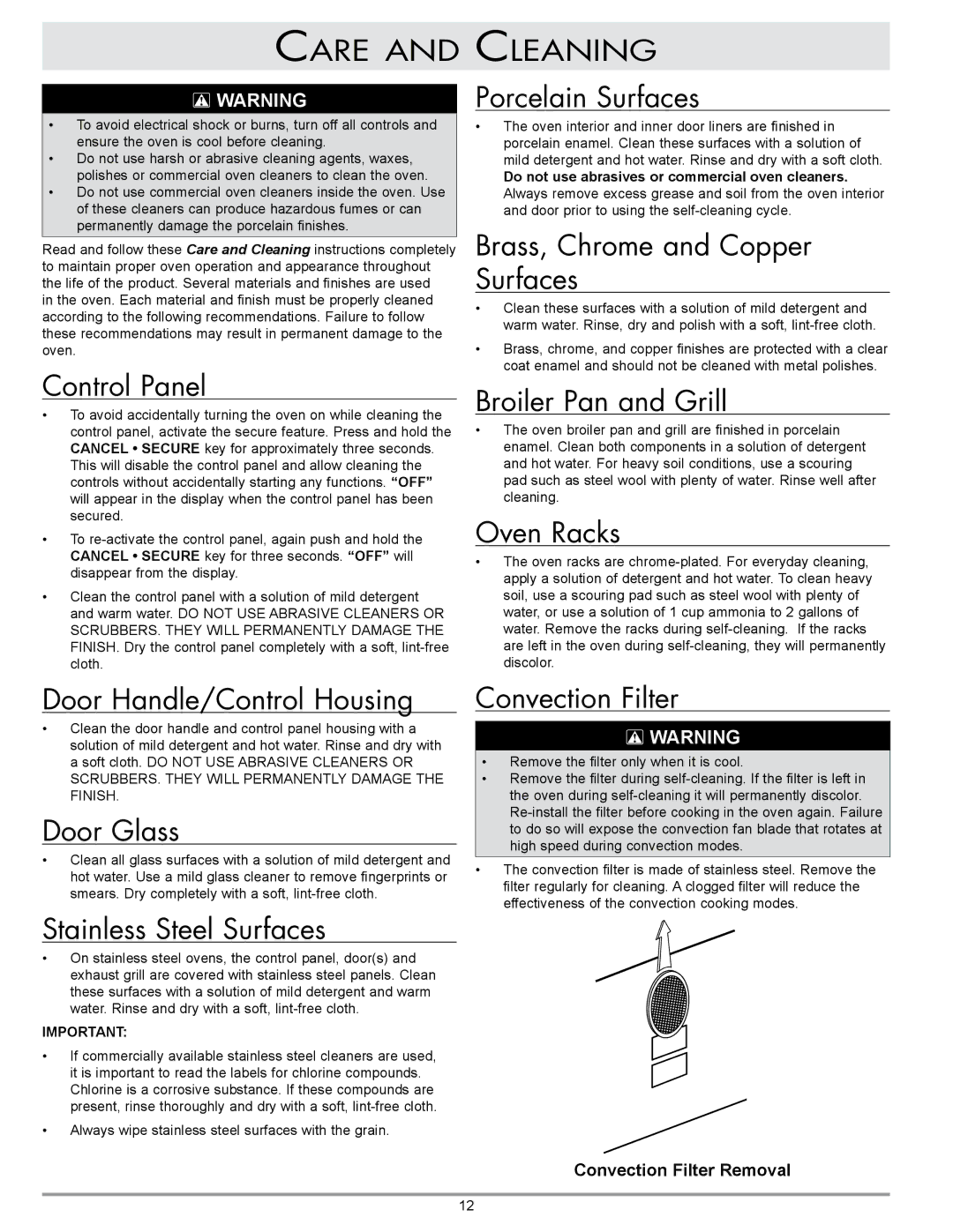 GE ECD Care, Cleaning Porcelain Surfaces, Brass, Chrome and Copper Surfaces, Broiler Pan and Grill, Oven Racks, Door Glass 