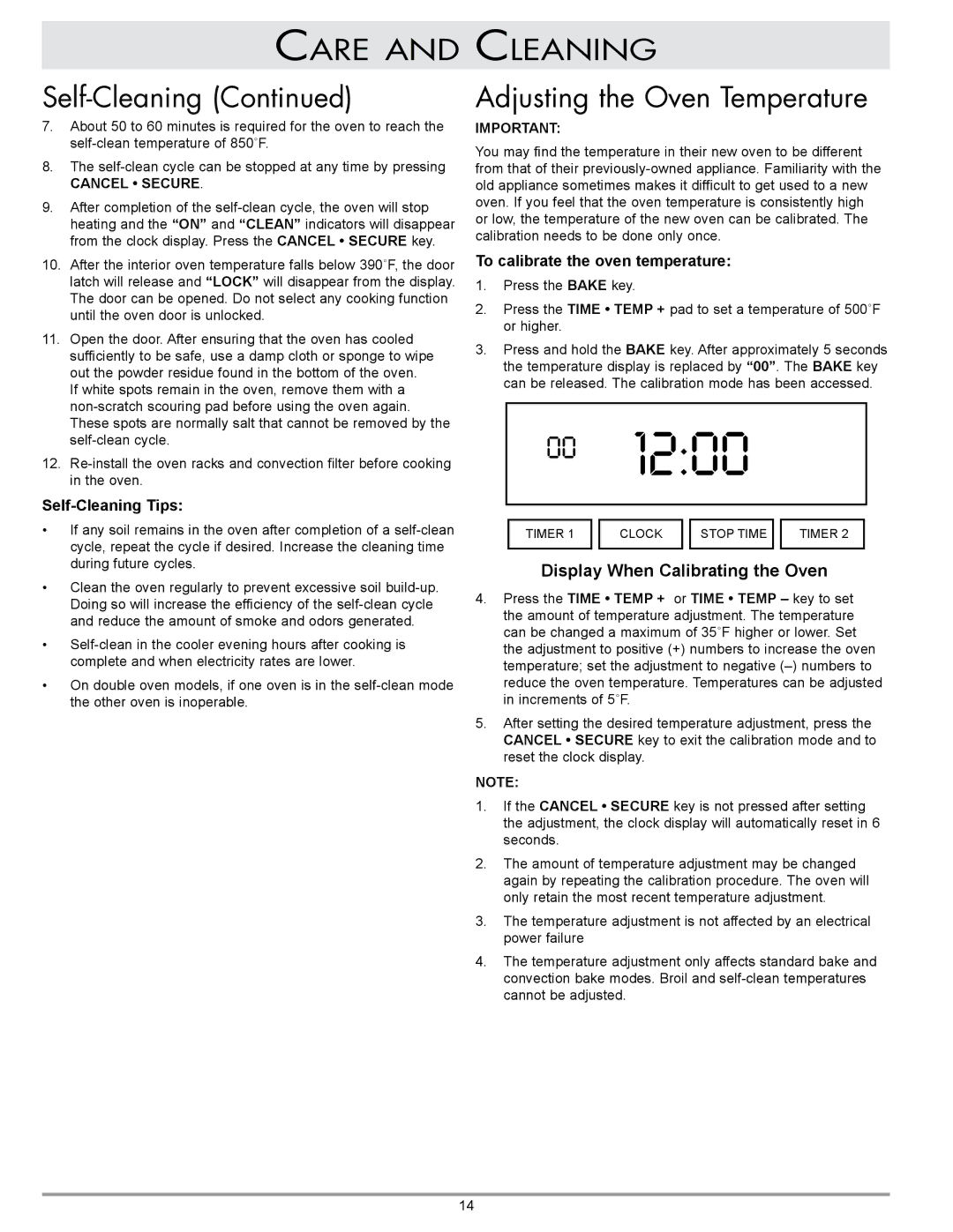 GE MCS Care Self-Cleaning, Cleaning Adjusting the Oven Temperature, Self-Cleaning Tips, To calibrate the oven temperature 