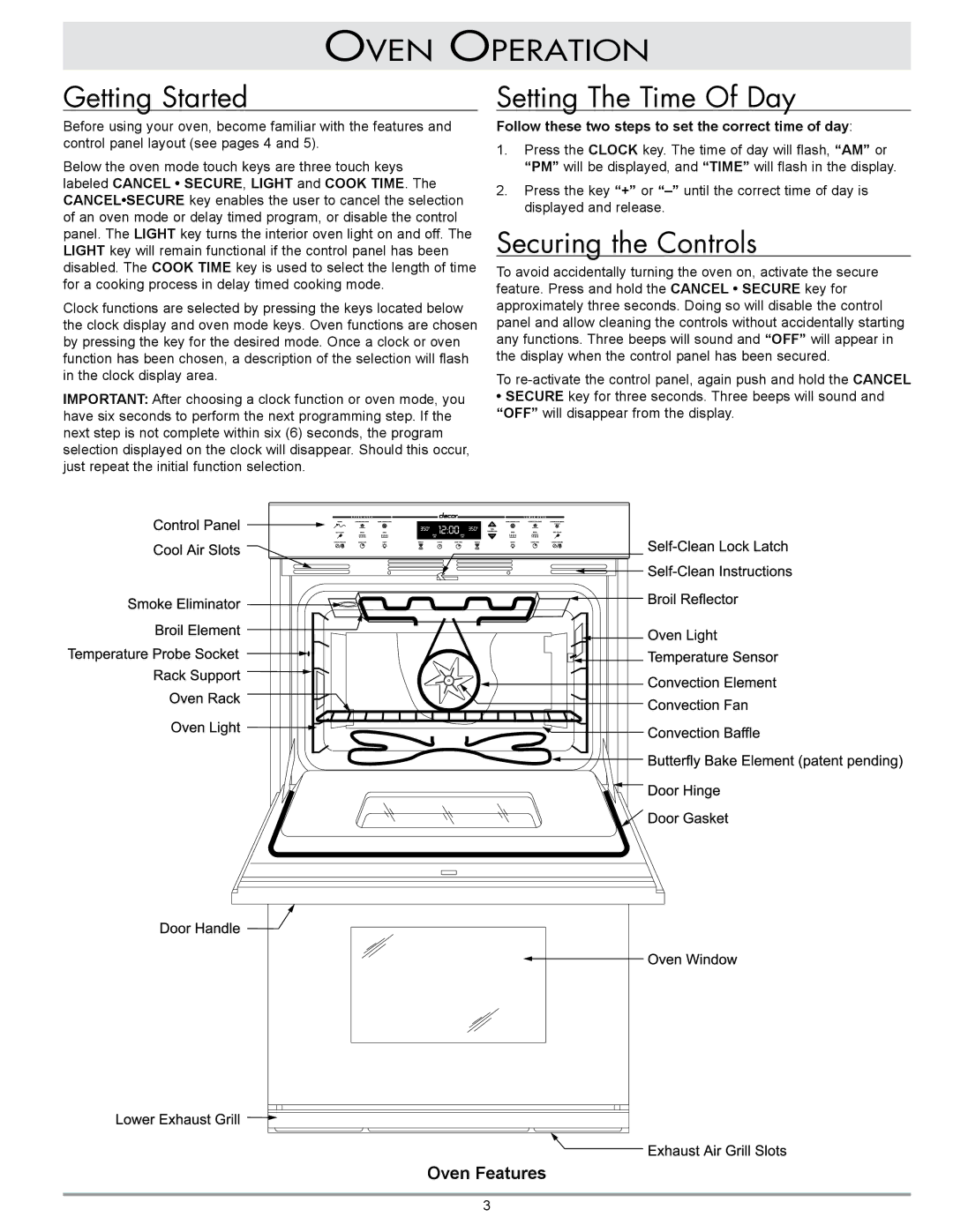 GE PCD, ECS, PCS, ECD, MCD, MCS manual Oven Operation Getting Started, Setting The Time Of Day, Securing the Controls 