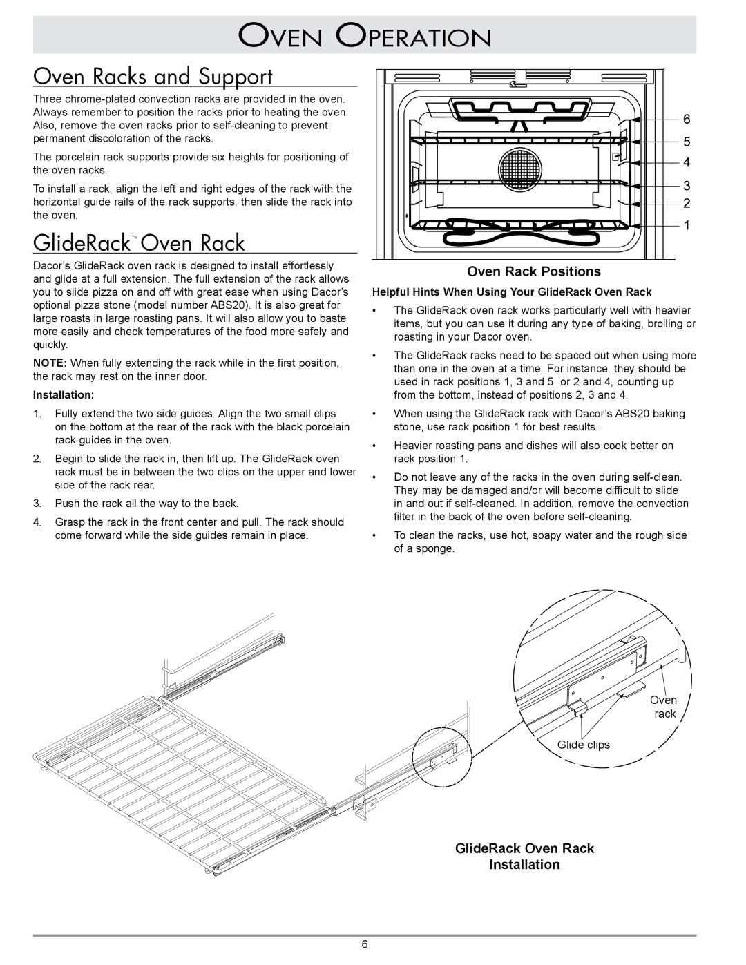 GE ECD, ECS, PCS, MCD, MCS, PCD manual Oven Operation Oven Racks and Support, GlideRack Oven Rack, Installation 