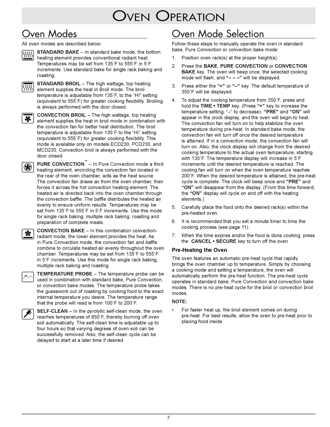 GE MCD, ECS, PCS, ECD, MCS, PCD manual Oven Operation Oven Modes, Oven Mode Selection, Pre-Heating the Oven 