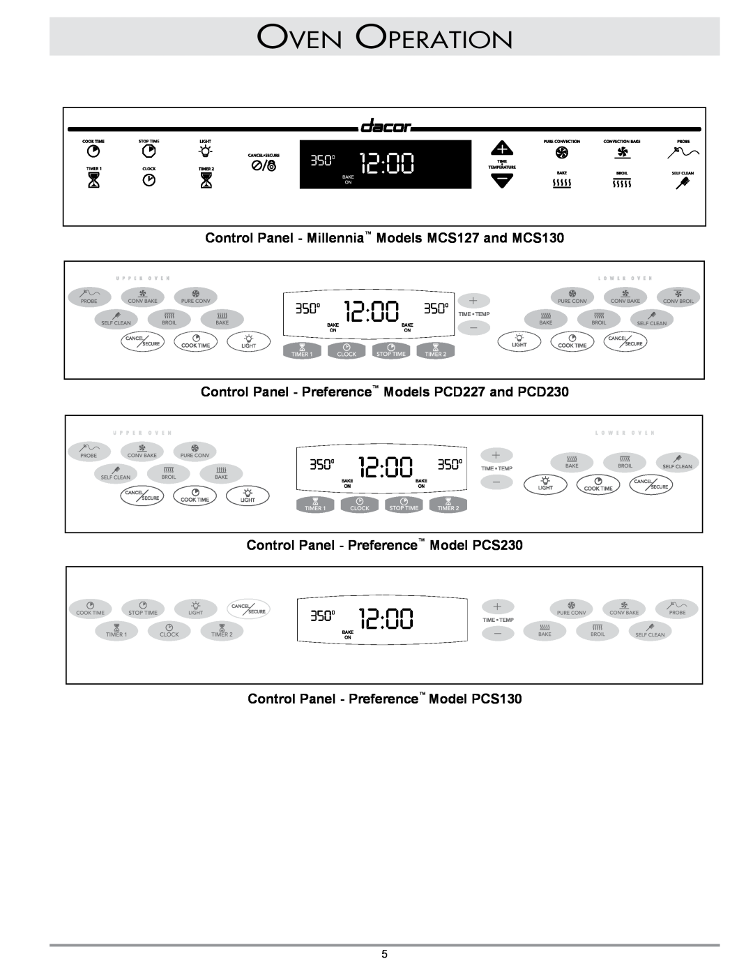 GE ECS, ECD Oven Operation, Control Panel - Millennia Models MCS127 and MCS130, Control Panel - Preference Model PCS230 