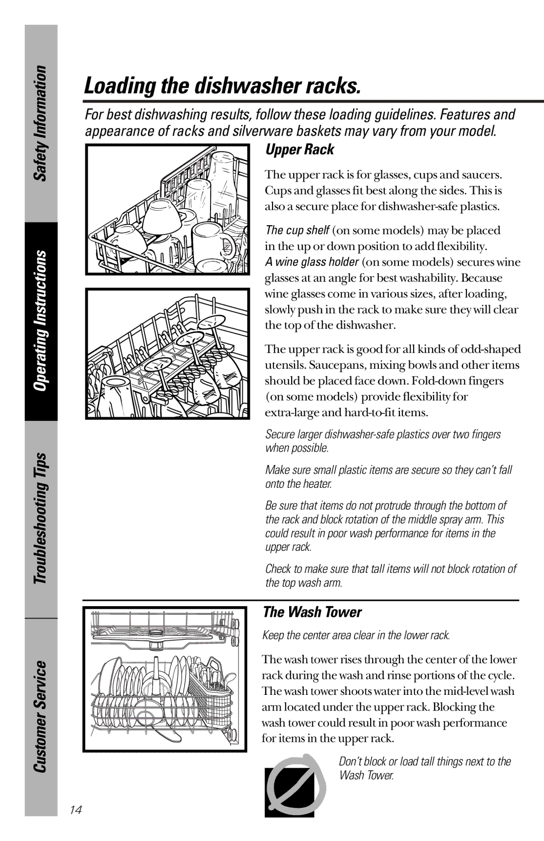 GE GSD5320, EDW2020, GSD5310, GSD5130, GSD5122, GSD5132, GSD5110, GSD5120 Loading the dishwasher racks, Upper Rack, Wash Tower 