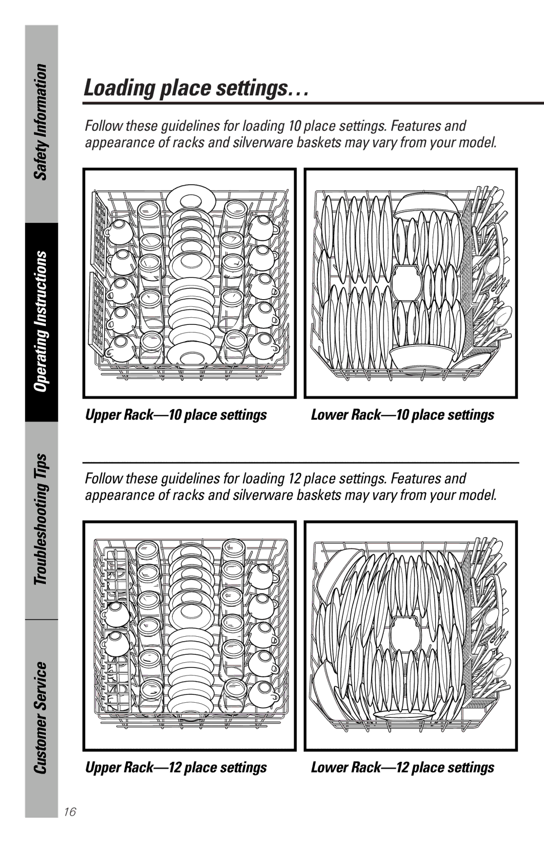 GE GSD5130, EDW2020, GSD5320, GSD5310 Loading place settings…, Upper Rack-10 place settings, Upper Rack-12 place settings 