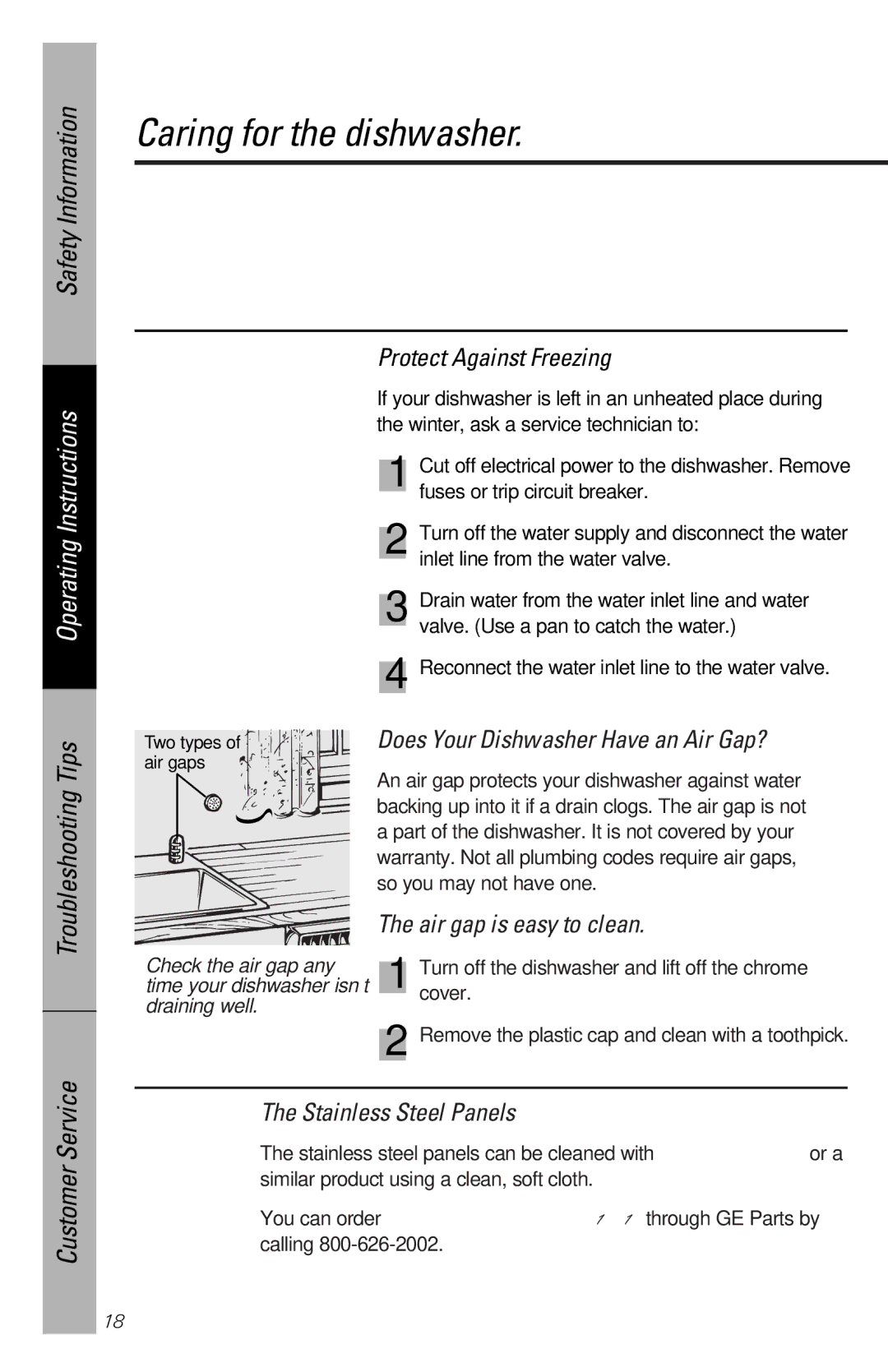 GE GSD5132, EDW2020, GSD5320 Caring for the dishwasher, Protect Against Freezing, Does Your Dishwasher Have an Air Gap? 