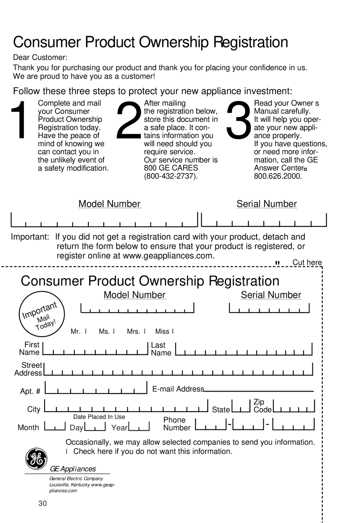 GE GSD5122, EDW2020, GSD5320, GSD5310, GSD5130, GSD5132, GSD5110, GSD5120 Consumer Product Ownership Registration, GE Appliances 