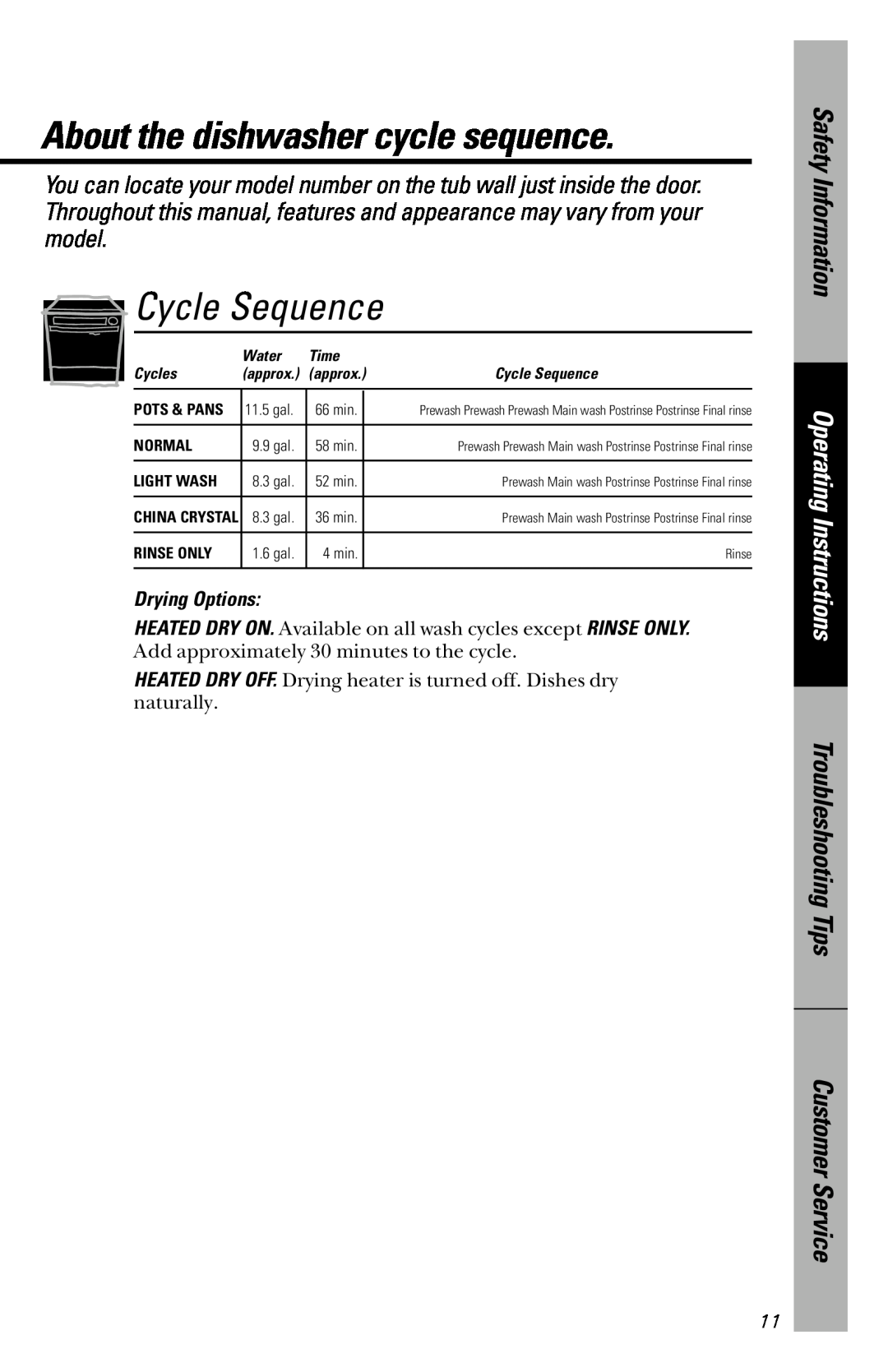 GE EDW2050 About the dishwasher cycle sequence, Cycle Sequence, Drying Options, Safety Information, Operating Instructions 