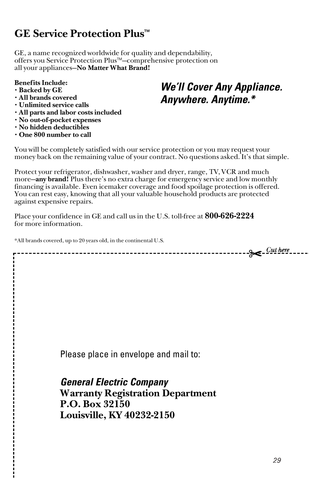 GE GSD5130 Cut here, GE Service Protection Plus, We’ll Cover Any Appliance. Anywhere. Anytime, General Electric Company 