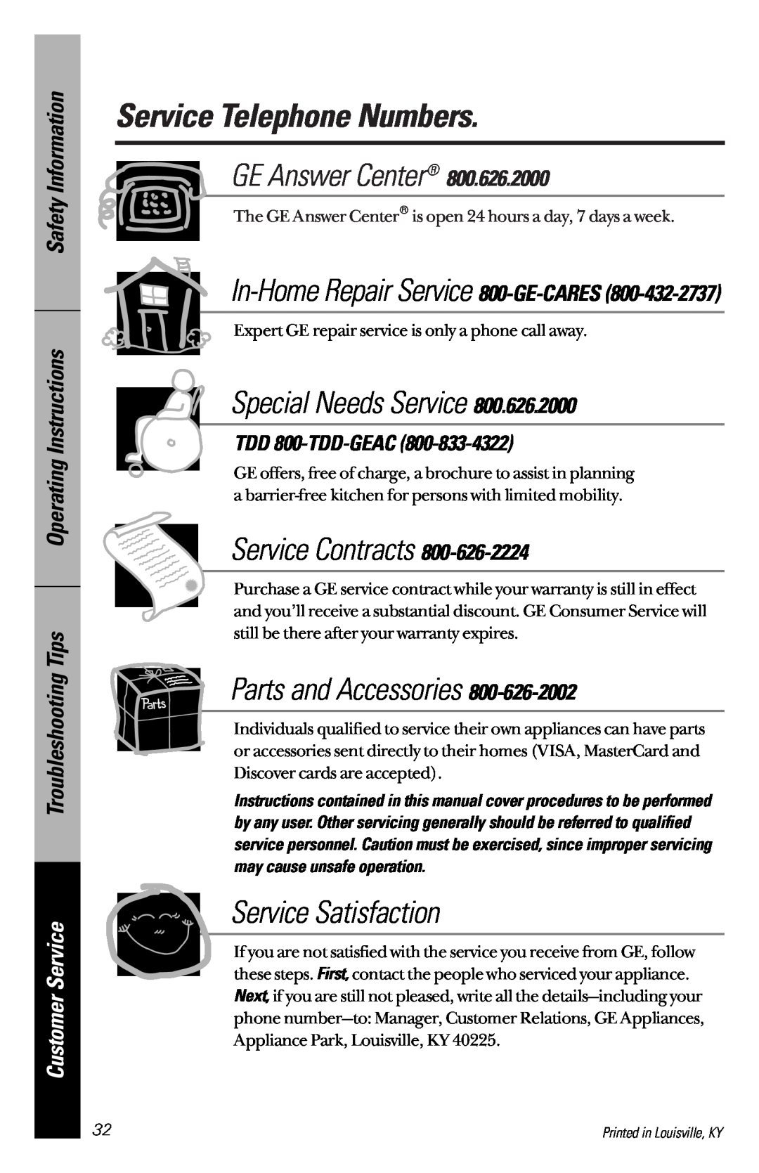 GE GSD5110 Service Telephone Numbers, Safety Information Operating Instructions Troubleshooting Tips, Customer Service 