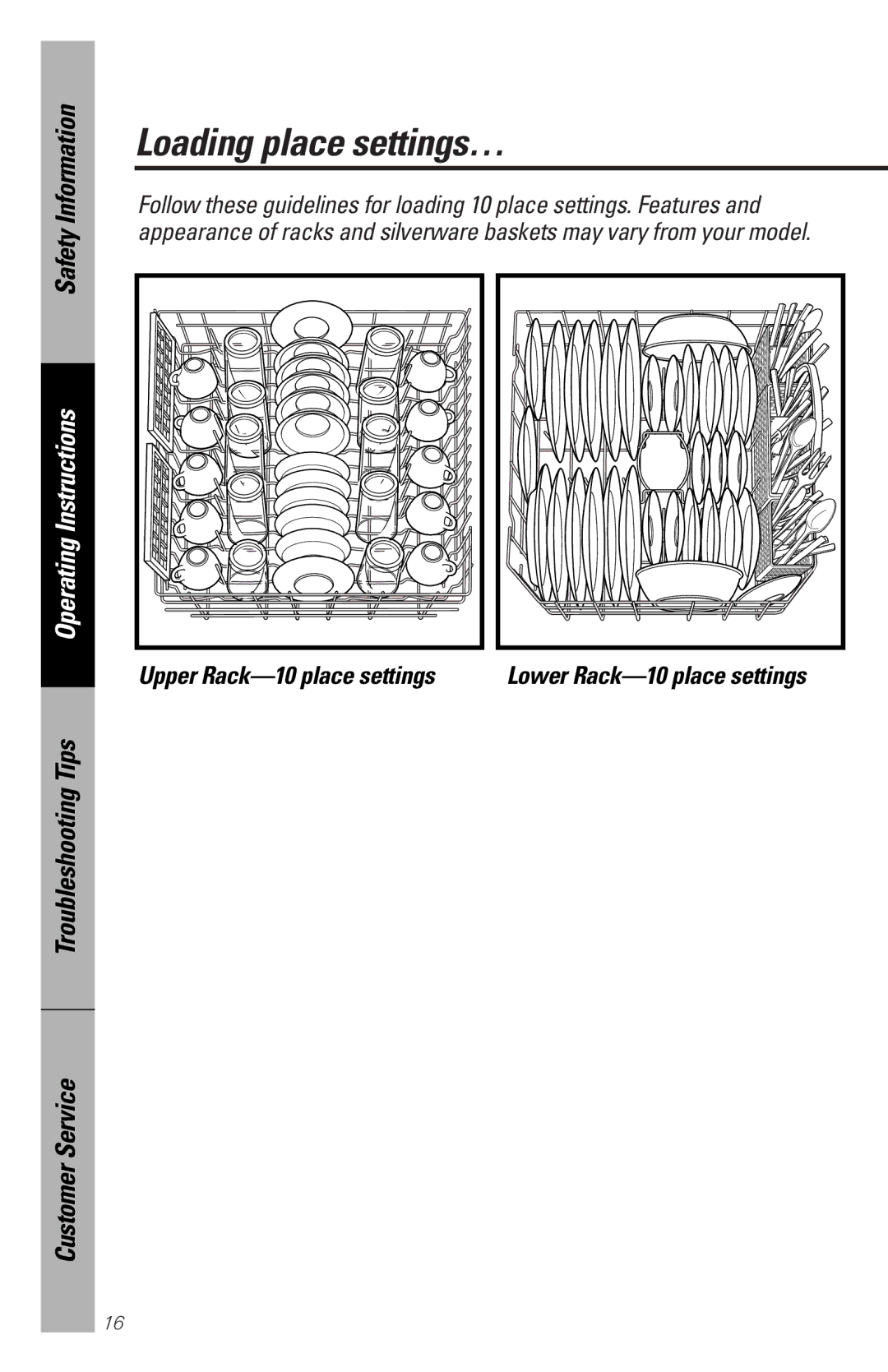 GE EDW2030, EDW2020, GSD5360, GSD5152 Loading place settings…, Upper Rack-10 place settings, Lower Rack-10 place settings 