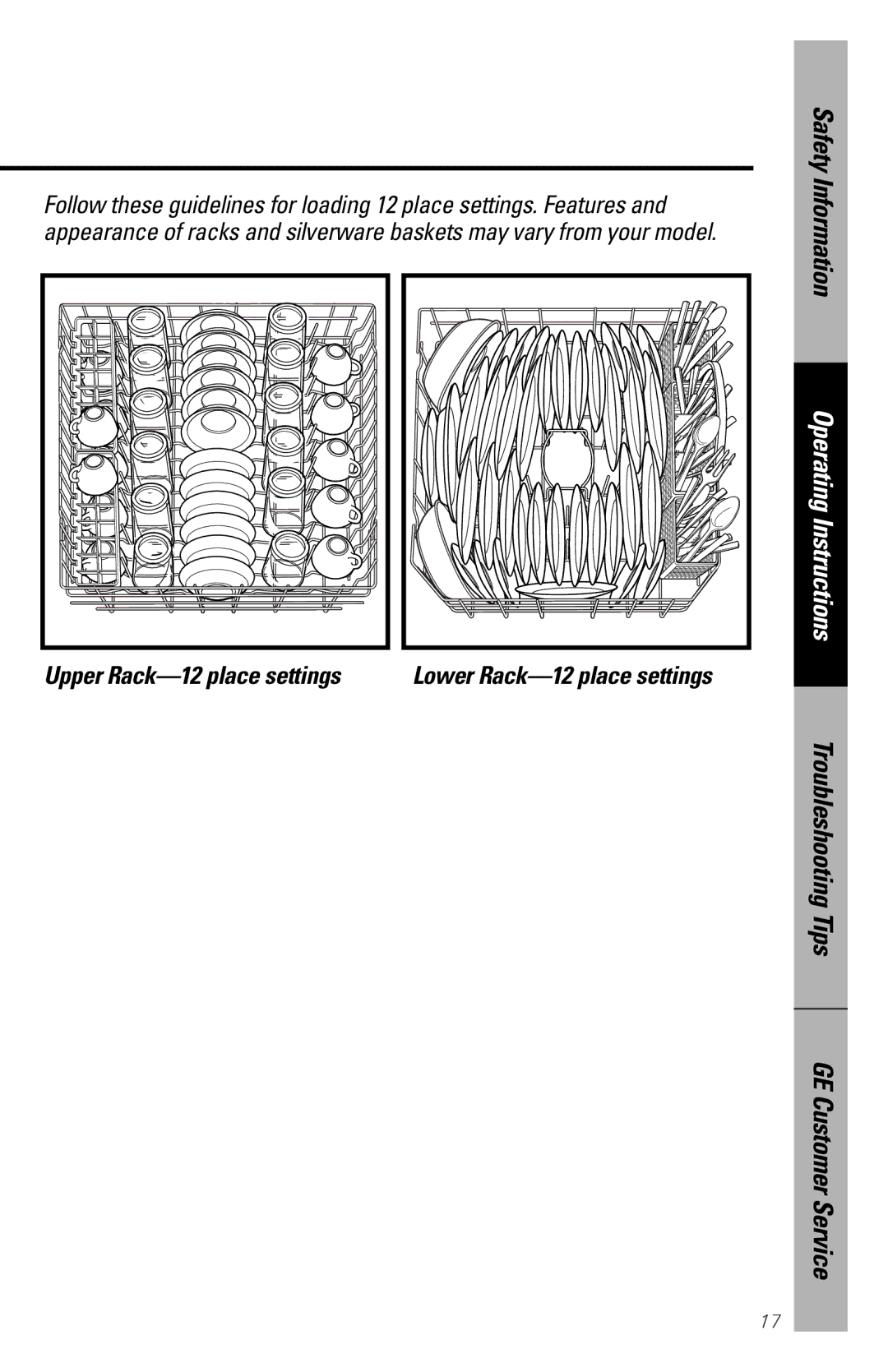 GE 165D4700P207, EDW2020, GSD5360, GSD5152, GSD5154, GSD5150 Upper Rack-12 place settings, Lower Rack-12 place settings 