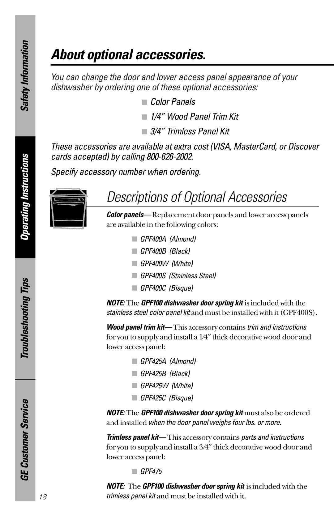 GE EDW2020, GSD5360, GSD5152 About optional accessories, Installed when the door panel weighs four lbs. or more, GPF475 