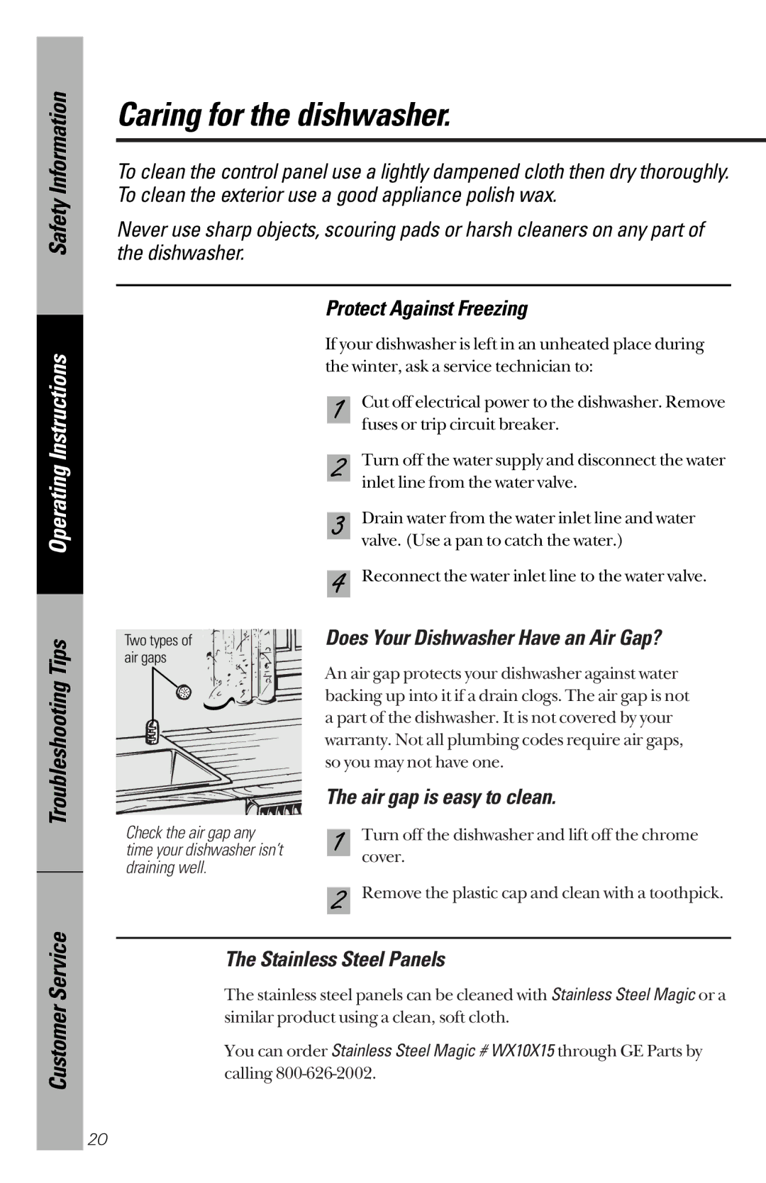 GE GSD5152, EDW2020, GSD5360 Caring for the dishwasher, Protect Against Freezing, Does Your Dishwasher Have an Air Gap? 