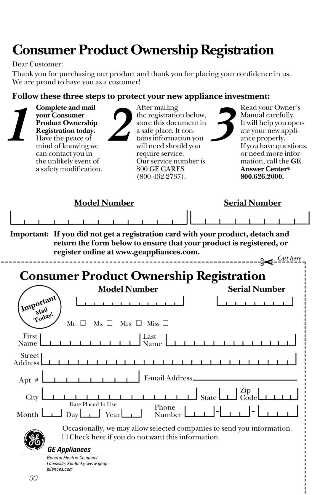 GE GSD5154, EDW2020, GSD5360, GSD5152, GSD5150, EDW2060, EDW2050, EDW2030 Consumer Product Ownership Registration, GE Appliances 