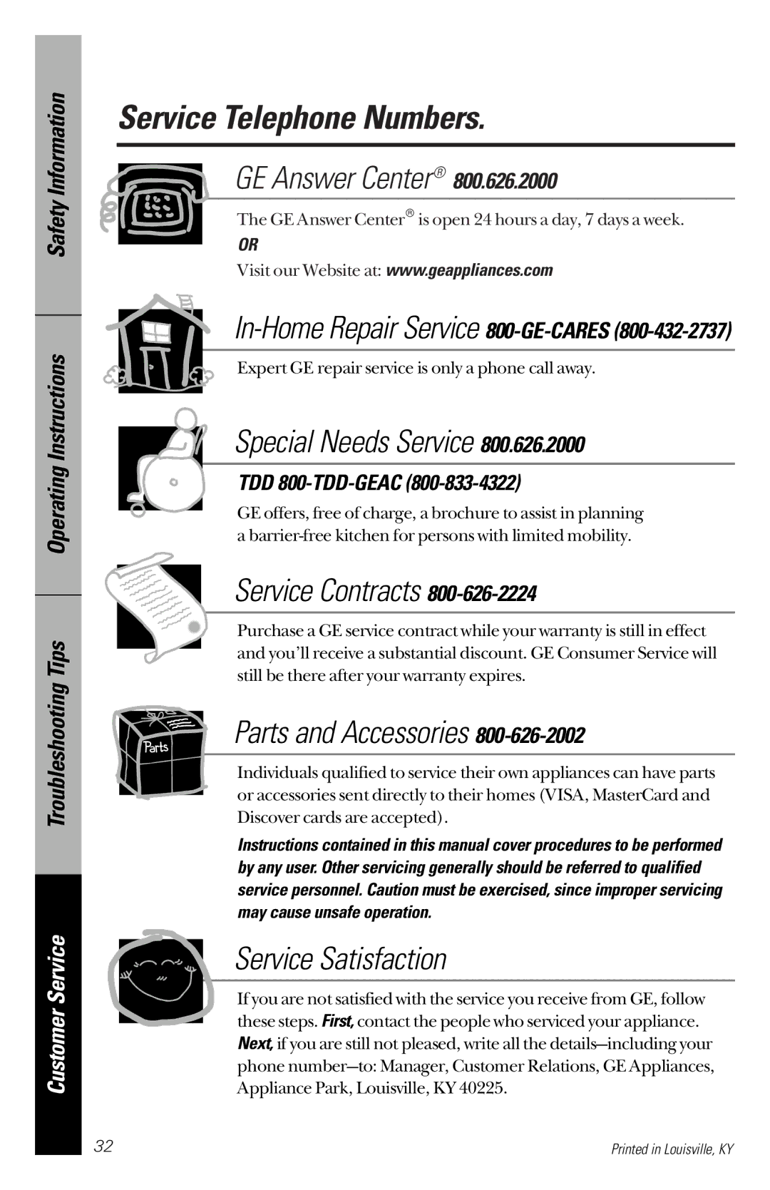 GE EDW2060, EDW2020, GSD5360, GSD5152 Service Telephone Numbers, In-Home Repair Service 800-GE-CARES, TDD 800-TDD-GEAC 