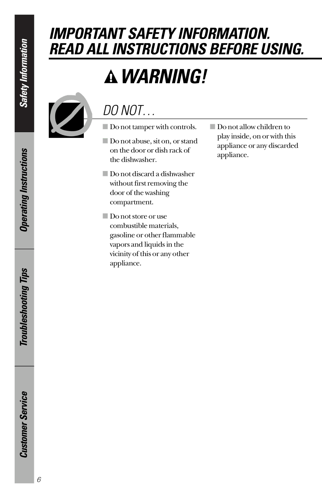 GE EDW2050, EDW2020, GSD5360, GSD5152, GSD5154, GSD5150, EDW2060, EDW2030, 165D4700P207 owner manual Do NOT… 