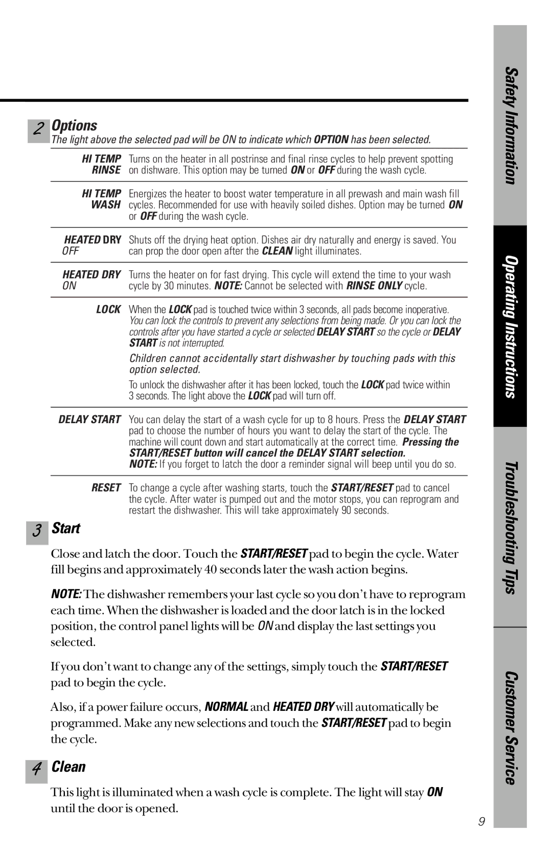 GE EDW2020, GSD5360, GSD5152, GSD5154, GSD5150, EDW2060, EDW2050, EDW2030, 165D4700P207 owner manual Options, Start, Clean 