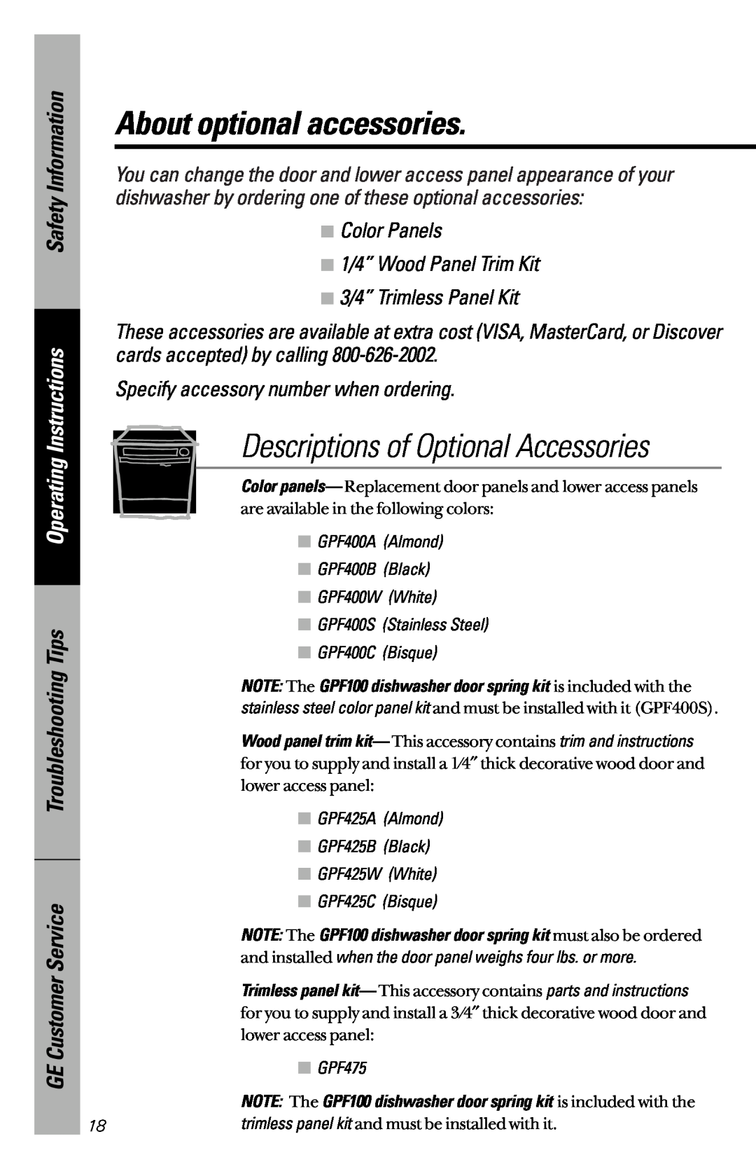 GE EDW2020 About optional accessories, Descriptions of Optional Accessories, Troubleshooting Tips GE Customer Service 