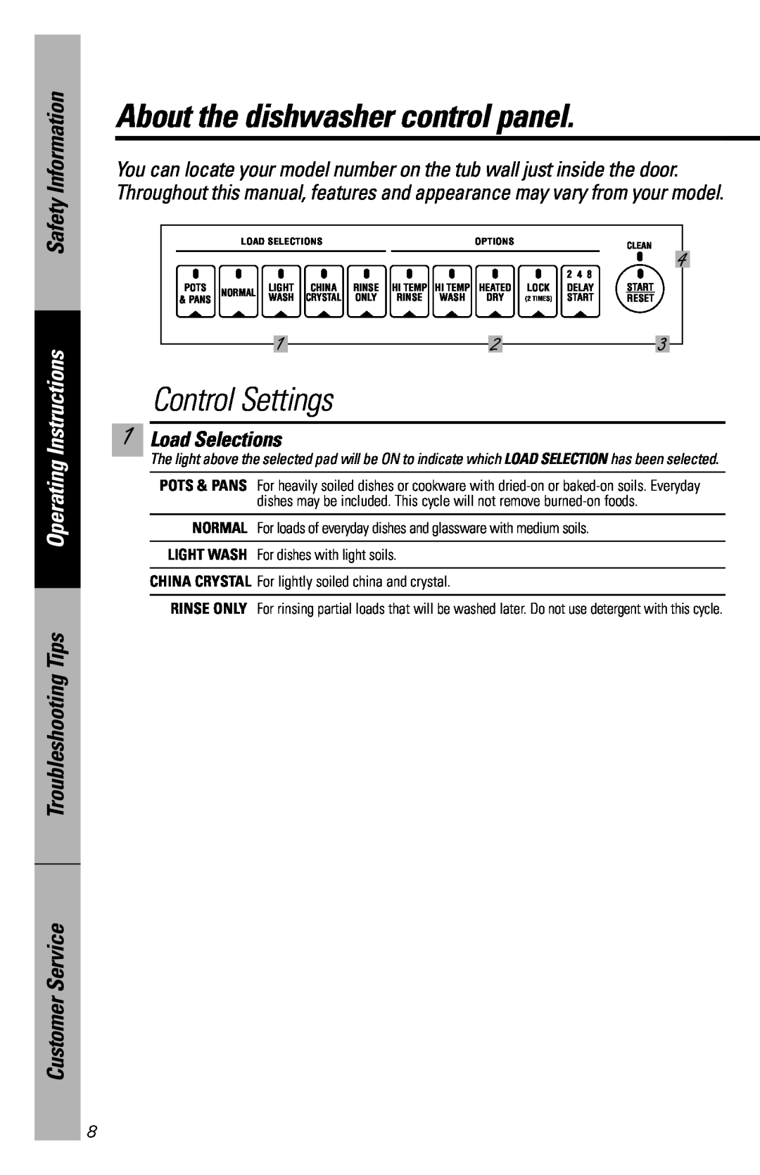 GE 165D4700P207, EDW2020 About the dishwasher control panel, Control Settings, Safety Information, Operating Instructions 