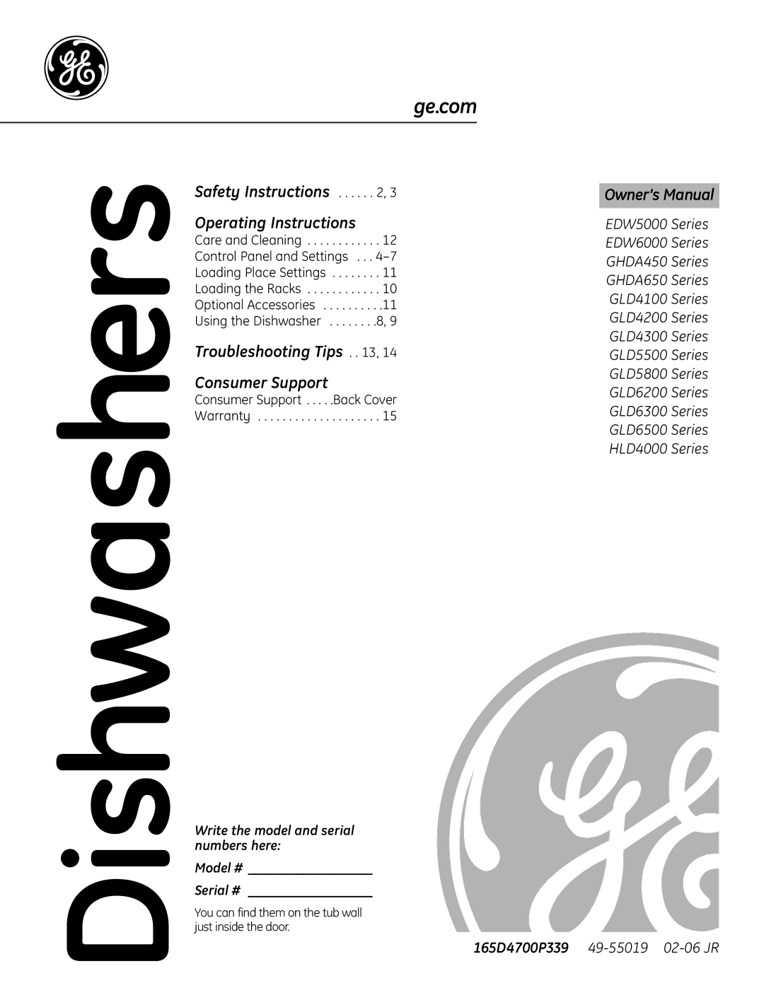 GE GHDA450, EDW5000 owner manual Dishwashers 