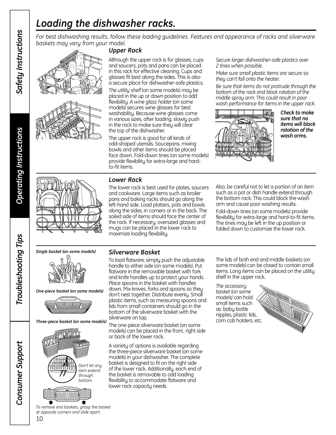 GE EDW5000, GHDA450 owner manual Loading the dishwasher racks, Tips, Troubleshooting 