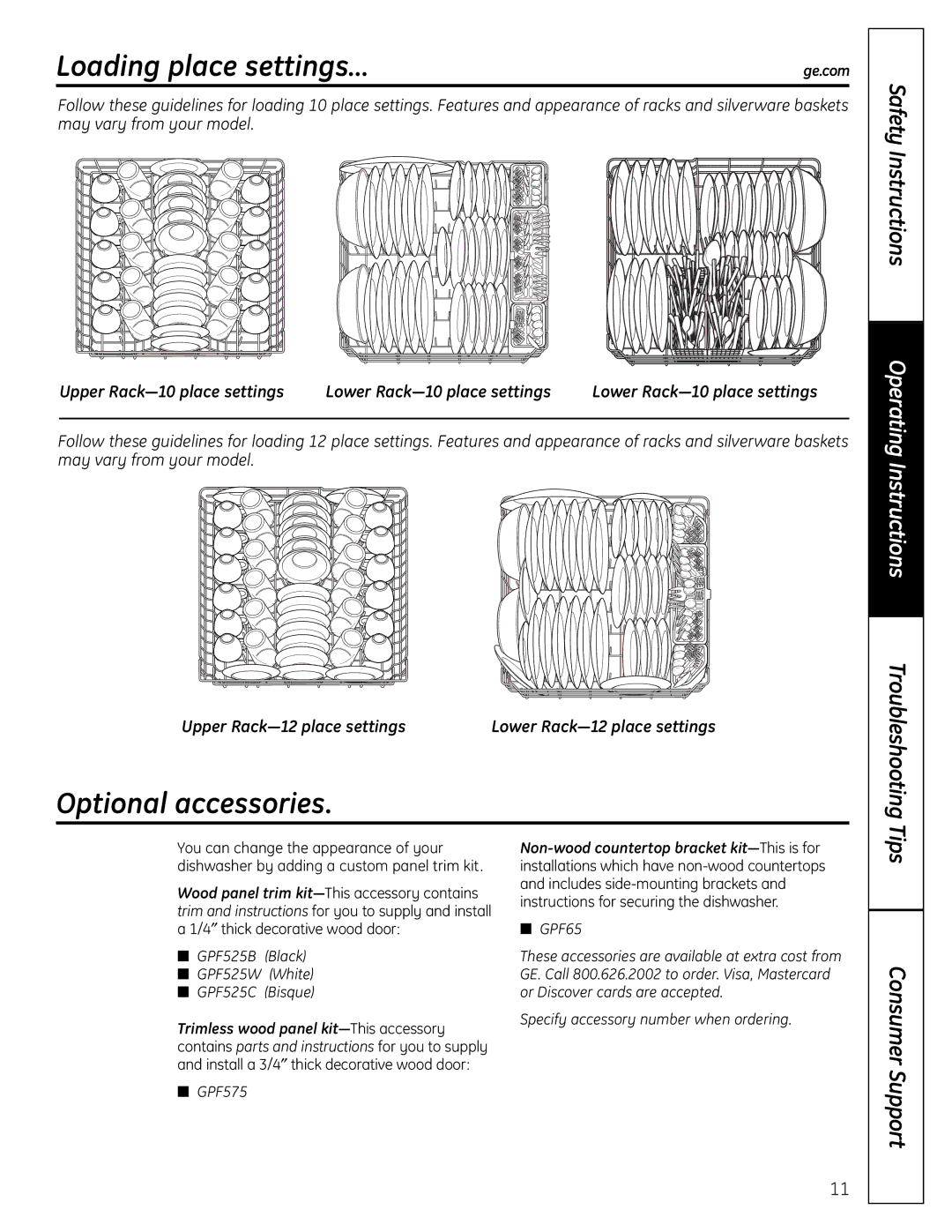 GE GHDA450 Loading place settings…, Optional accessories, Lower Rack-10 place settings, Lower Rack-12 place settings 