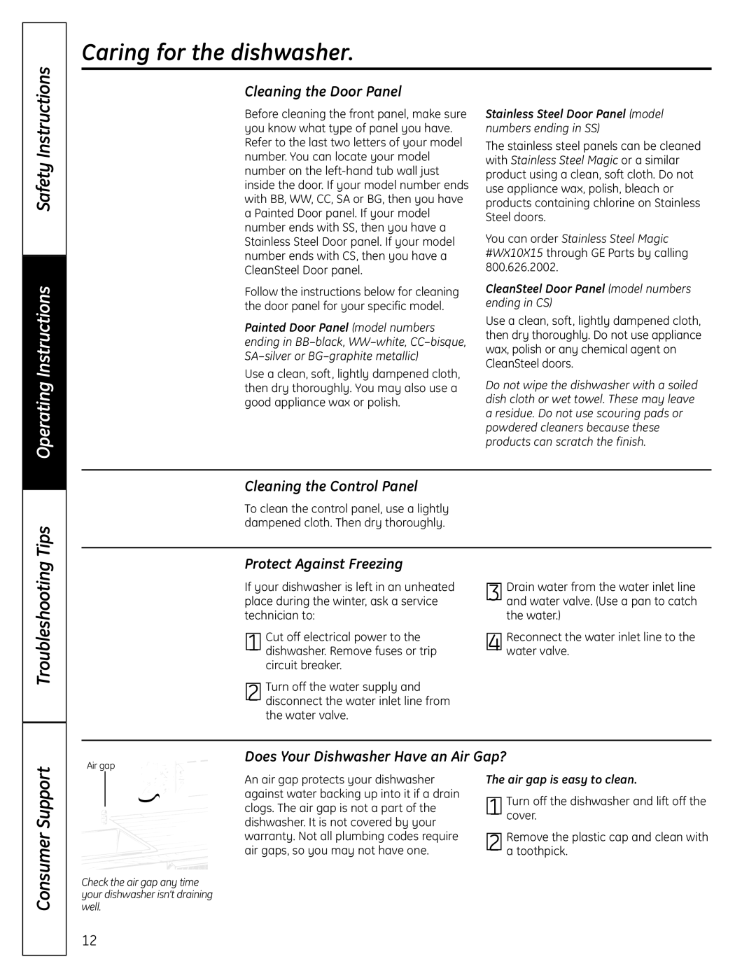 GE EDW5000 Caring for the dishwasher, Cleaning the Door Panel, Cleaning the Control Panel, Protect Against Freezing 