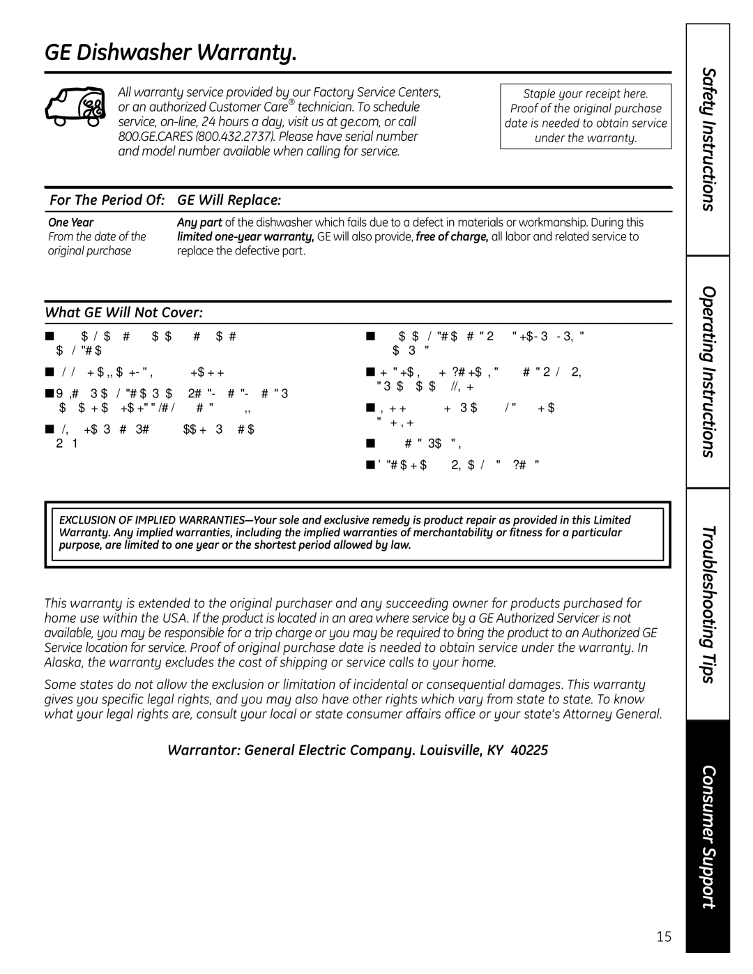 GE GHDA450, EDW5000 GE Dishwasher Warranty, Instructions, For The Period Of GE Will Replace, What GE Will Not Cover 