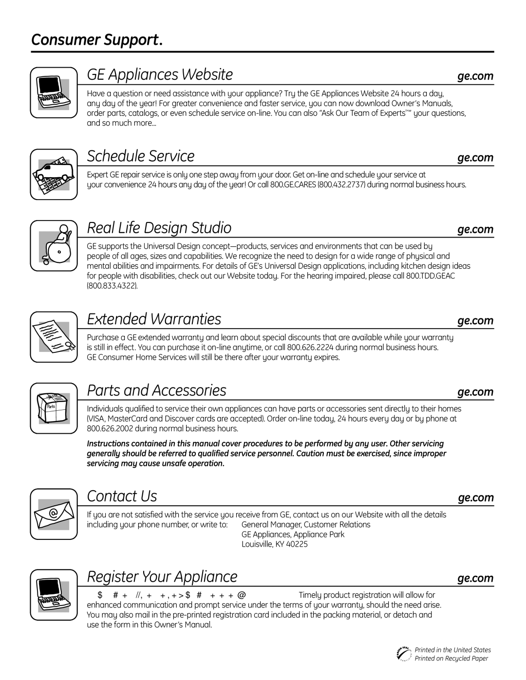 GE EDW5000, GHDA450 Consumer Support GE Appliances Website, Schedule Service, Real Life Design Studio, Extended Warranties 