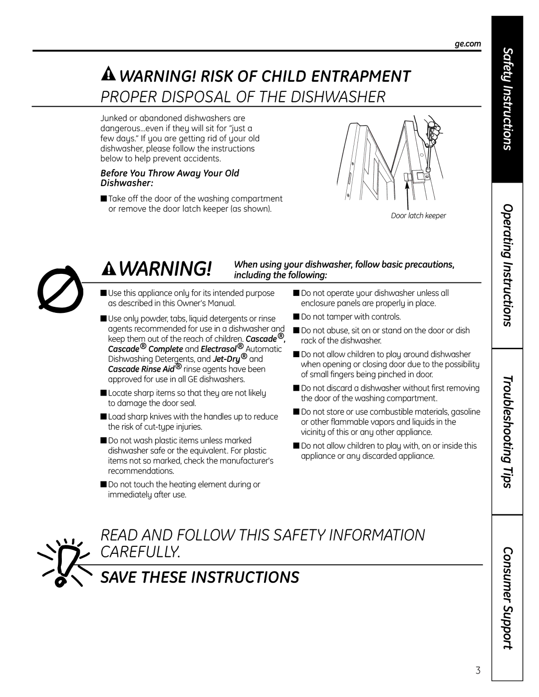 GE GHDA450, EDW5000 owner manual Operating, Instructions Troubleshooting Tips, Ge.com 