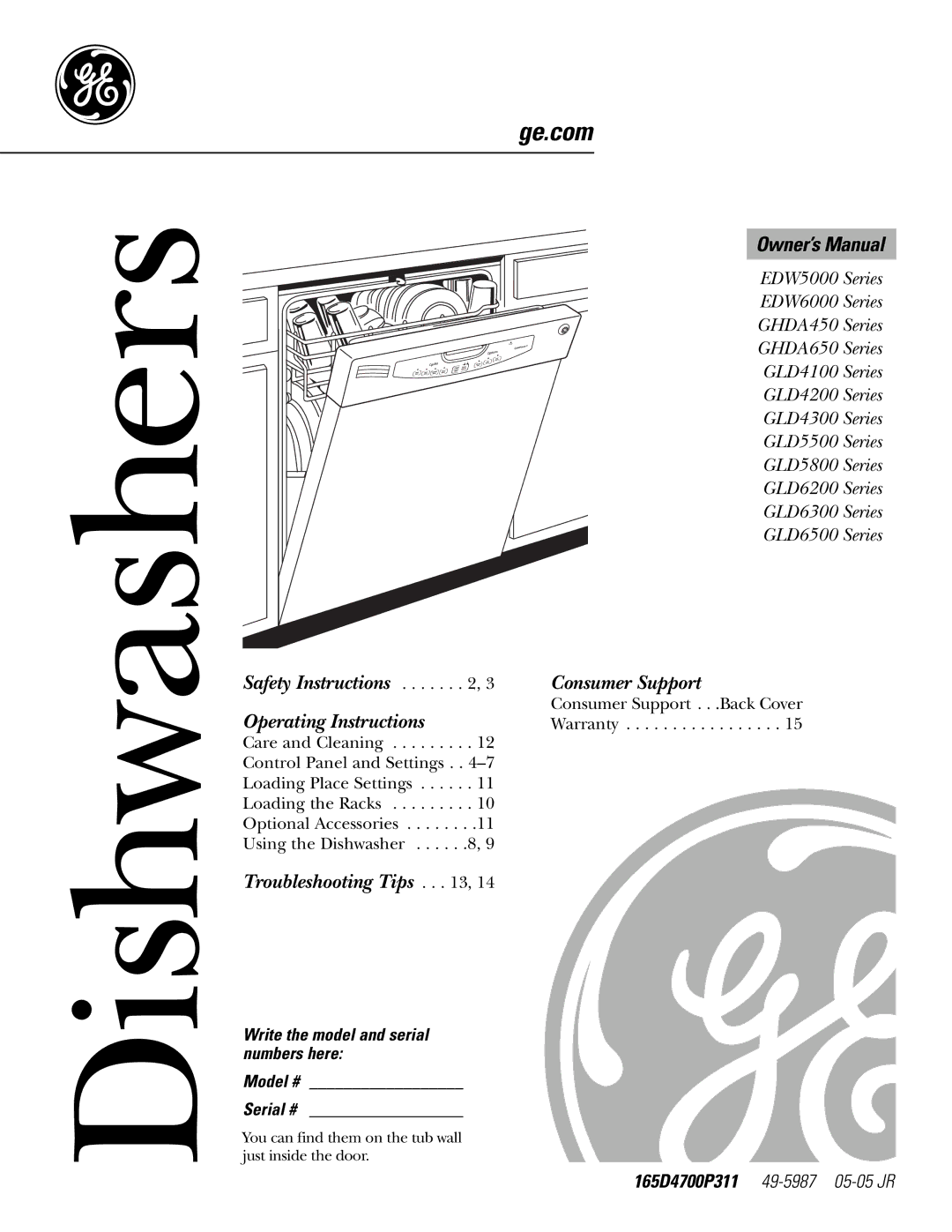 GE GLD4100, EDW6000, GLD4200, GLD4300, GHDA650, GLD6200, GLD5800, GLD5500, GLD6300, GLD6500 manual Dishwashers 