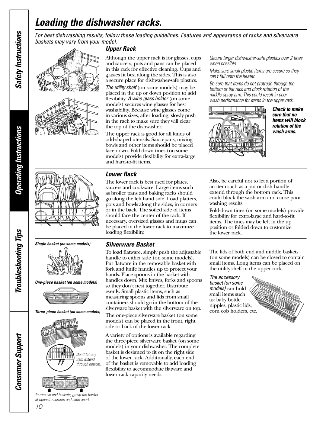 GE EDW6000, GLD4100, GLD4200, GLD4300 Loading the dishwasher racks, Upper Rack, Lower Rack, Silverware Basket, Accessory 