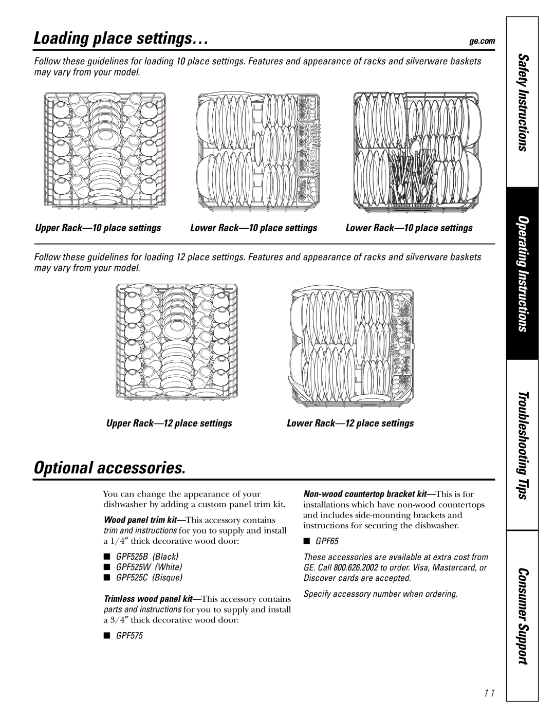 GE GLD4100, EDW6000 manual Loading place settings…, Optional accessories, GPF525B Black GPF525W White GPF525C Bisque, GPF575 