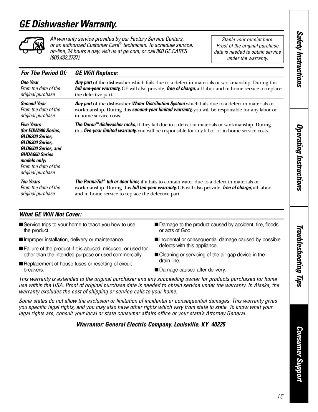 GE GLD6200, EDW6000, GLD4100, GLD4200, GLD4300 GE Dishwasher Warranty, For The Period GE Will Replace, What GE Will Not Cover 