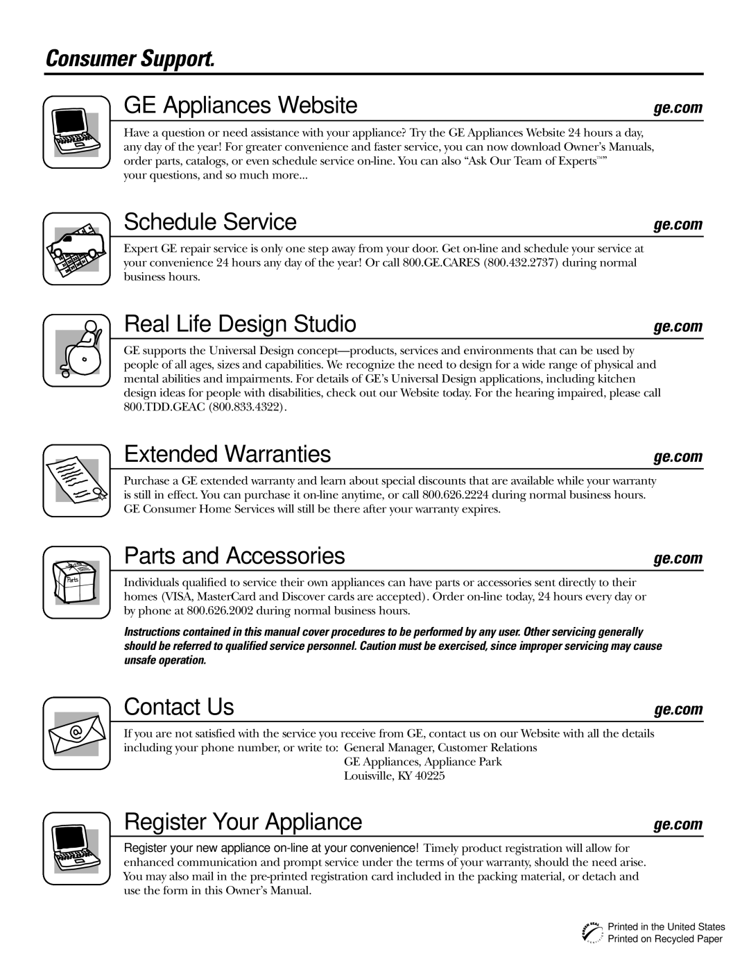 GE GLD5800, EDW6000 Consumer Support GE Appliances Website, Schedule Service, Real Life Design Studio, Extended Warranties 