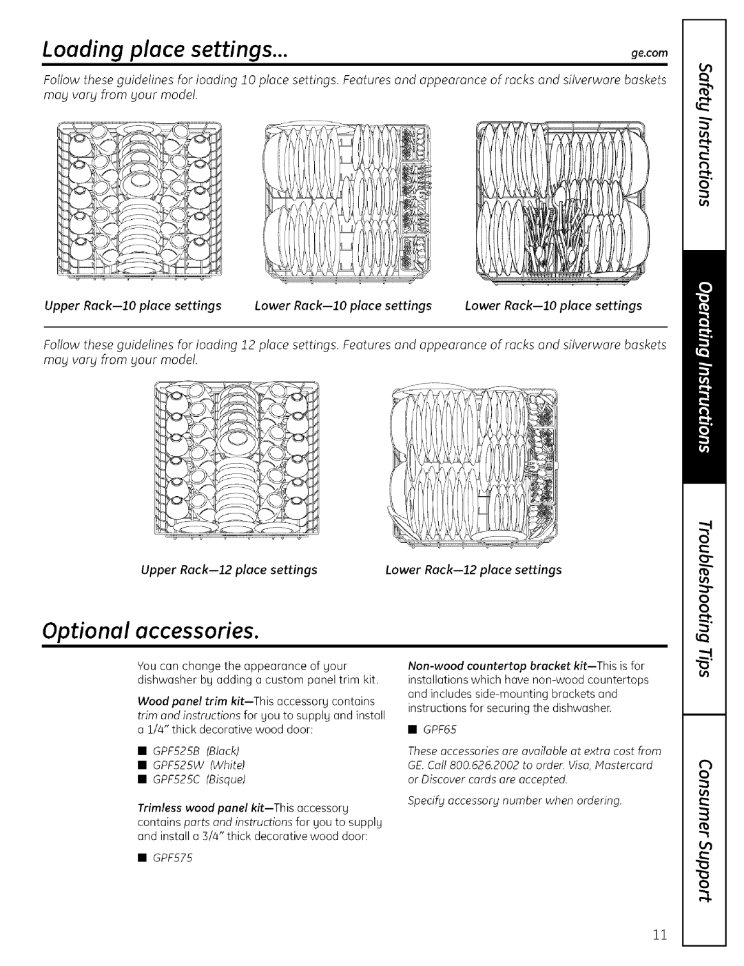 GE EDWSO00 manual Loading place settings, Optional accessories, Mag varg from gour model 